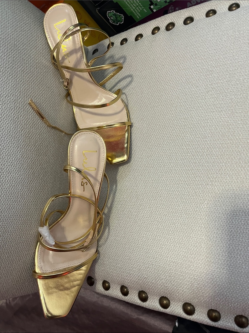 Lulus Sanga Gold Metallic Strappy High Heel Sandals is $39.